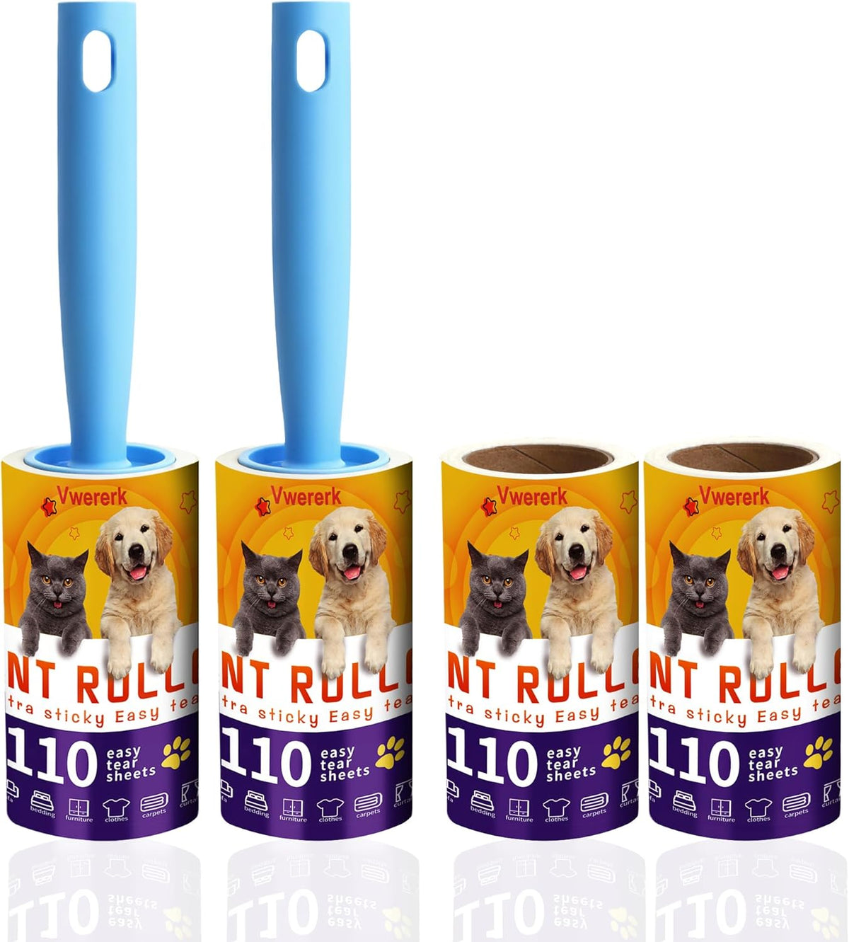 Lint Rollers for Pet Hair Extra Sticky, 440 Sheets/4 Lint Roller Refills with 2 Durable Handles, Pet Hair Roller for Clothes, Furniture, Carpet