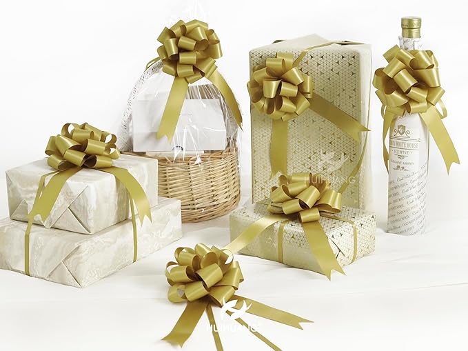 HUIHUANG Gold Christmas Bows for Gift Wrapping 12 PCS Gold Pull Bows 4" x 8" Satin Gift Bow for Presents, Gift Basket, Paper Bag, Wrapping Accessories, Wreaths, Wedding Christmas Decor