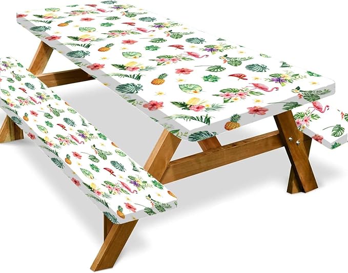 Picnic Table Cover with Bench Covers and Bag, Summer Outdoor Waterproof Windproof Tablecloth with Elastic Edges, Camping Accessories RV Gear Campers 60x30 Inches 3 Pcs Set, White