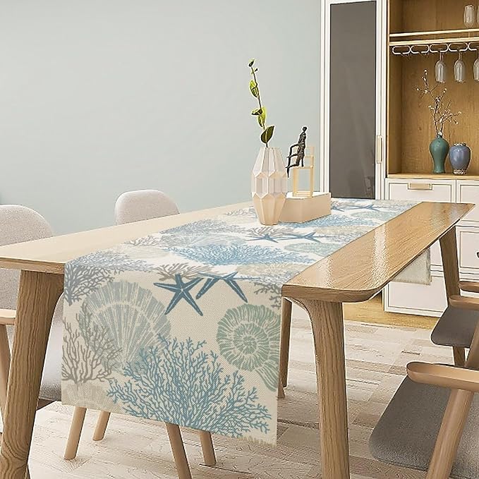 Blue Teal Coral Table Runners, Summer Beach Starfish Coastal Coffee Table Runners for Wedding Party Banquet Dining Holiday 13x70in