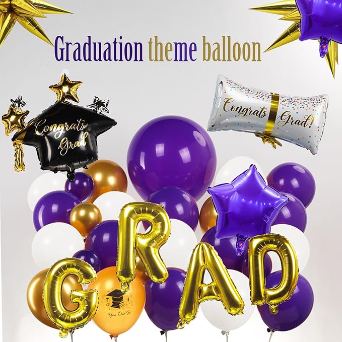 2026 Graduation Decorations Purple Gold White - 115Pcs Balloon Arch Kit with Certificate & Star Foil Balloons, Class of 2026 Graduation Party Supplies for College, High School Grad Prom Decor