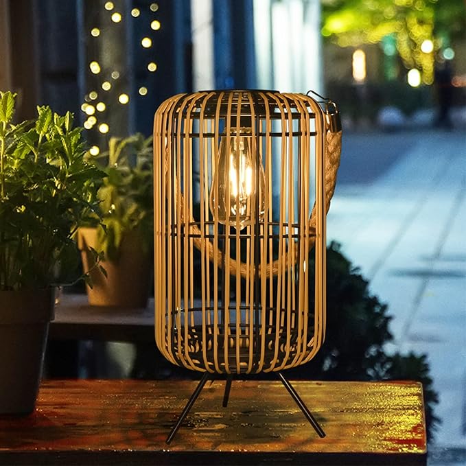 Livinlarge Solar Lantern Outdoor Waterproof,Large Rattan Lantern Outdoor Hanging with Handle,Bright Solar Lights with Edison Bulb for Garden Patio Yard Tabletop Decoration