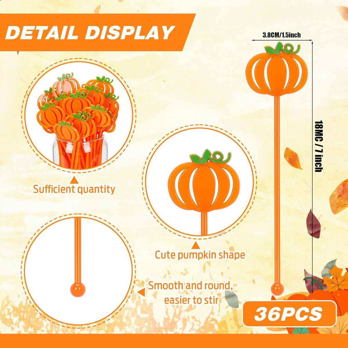 36 Pcs Fall Cocktail Stirrers, Pumpkin Drink Stirrers Plastic Swizzle Sticks Reusable Coffee Stirrer Stir Sticks for Halloween Autumn Thanksgiving