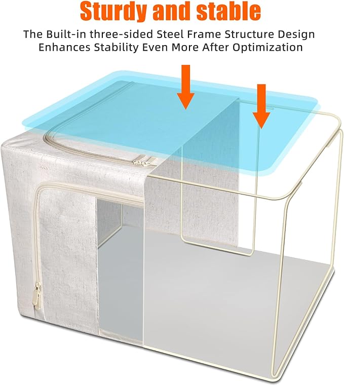 Foldable Clothes Storage Bins with Solid core powder-coated steel fram, 24/ 66L Storage Bags Fabric Box Organizer with Clear Window Zippers Sturdy Handles 2 Pack (Beige, 66L 1Pack)