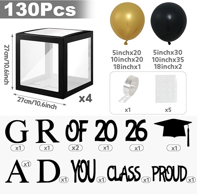 Graduation Decorations 2026,4 Pcs Transparent Balloon Boxes with Letters of GRAD,PROUD OF YOU,Class of 2026 and 130pcs Black and Gold Balloons Arch Kit for High School College 2026 Grad Party Supplies
