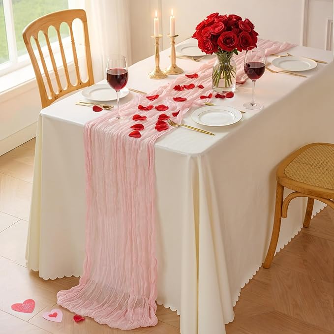 Sioloc Light Pink Cheesecloth Table Runner 120” x 35”, Soft Gauze Boho Wedding Valentines Table Decor for 10ft Table, Romantic Party, Baby Shower, Bridal Shower, Home & Event Decor