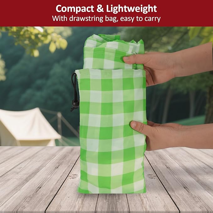 6ft Picnic Table and Bench Cover, Camping Essentials RV Gear, 72in Waterproof Windproof Outdoor Elastic All Around Tablecloth, Fitted Rectangle Tables and Seats, Green-White Checkered