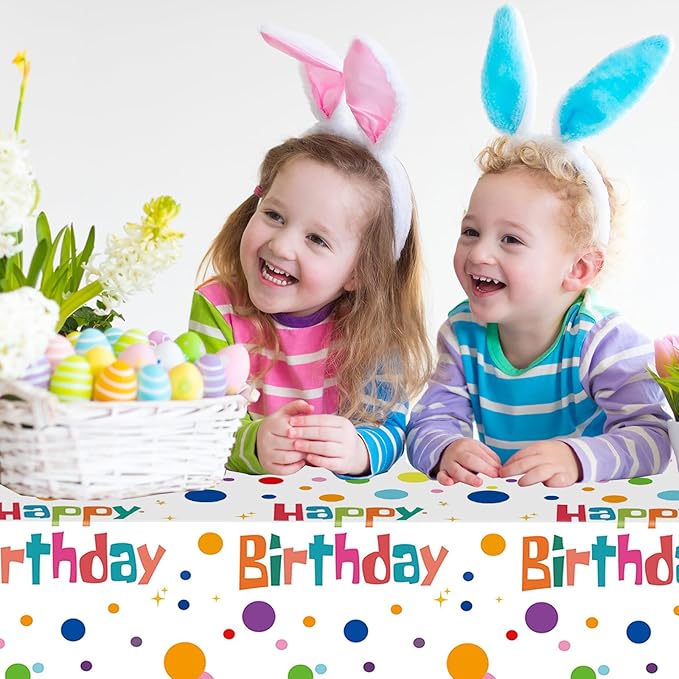 2 Pack Happy Birthday Tablecloth Party Decorations, 54X108inch Disposable Rectangle Colorful Polka Dots Table Cloths Waterproof Plastic Table Cover for Girls Boys Kids Birthday Supplies