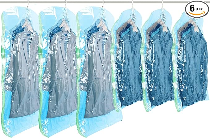 TAILI Hanging Vacuum Sealer Storage Bags Space Saver Bags for Clothing, Suits and Jackets, Closet Organizers, (3 Long, 3 Short) Blue