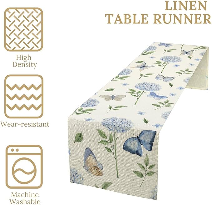 Hydrangea Butterfly Table Runner, Seasonal Spring Summer Table Runner for Holiday Kitchen Dining Home Party Outdoor 13x108in