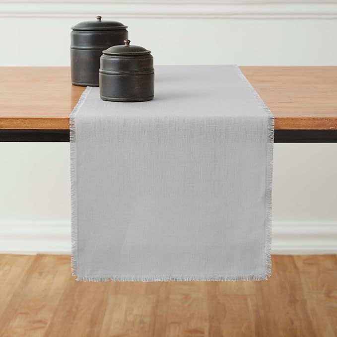 Solino Home Linen Light Grey Table Runner 36 Inches - Fringe, 100% Pure Linen Small Table Runner 14 x 36 Inch Ideal for Dresser and Coffee Tables - Spring, Easter