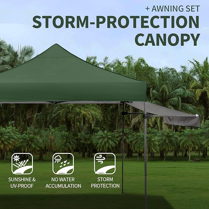 10x10 Pop up Canopy Tent with Awning Easy up Canopy with Wheel Bag Heavy Duty Waterproof Canopy Commercial Gazebo Tent for Outdoors Parties Vendors(Dark Green