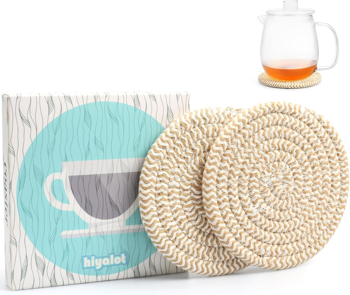 4.8" Drink Cotton Coasters Set of 2 – Boho Woven Drink Pads for Coffee & Tea, Neutral Sandstone Blend Fabric Cup Mats for Desk, Table, Nightstand