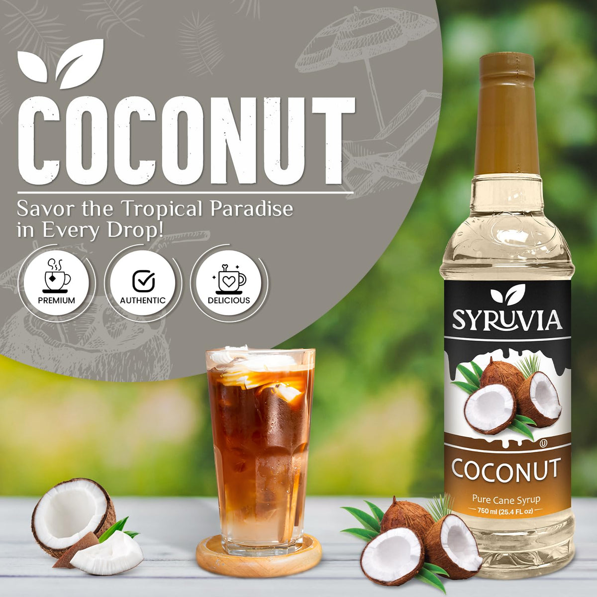 Syruvia Coconut Coffee Syrup - 25.4 fl oz. Premium Coffee Flavoring Syrup. Kosher, and Gluten-Free. Perfect for Enhancing Drinks, Sodas, Shakes