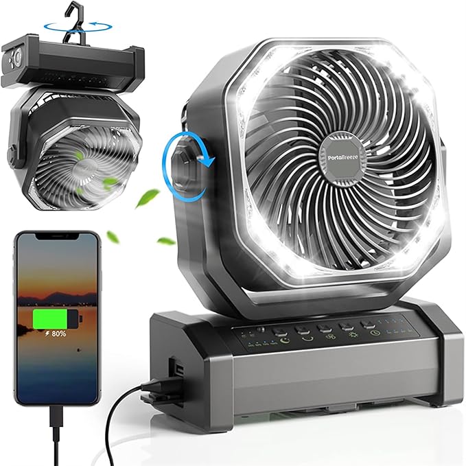 Porta Breeze 20000mAh Rechargeable Camping Fan w Light, Portable Battery Operated High Velocity Floor Table Fan; Oscillating w Timer, Remote for Outdoors, RV, Jobsite, Dorm, Patio, Weather Emergencies