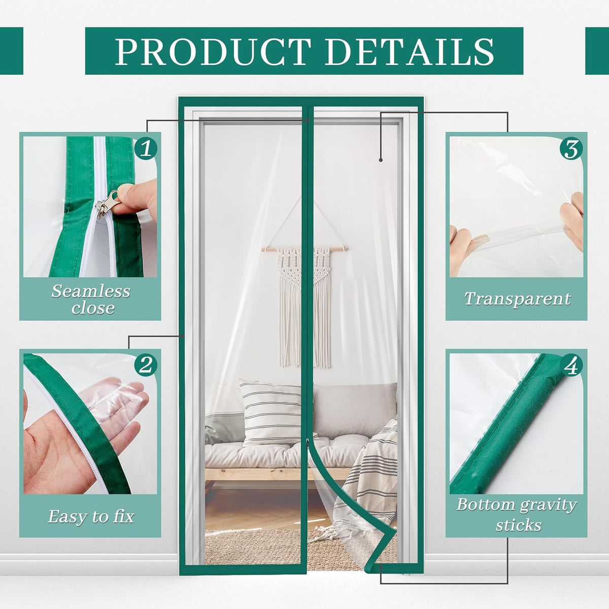 Amylove Zipper 48 x 87 Inch Dust Barrier Kit Green Edged Temporary Construction Door Barrier 4 x 7.25 ft Reusable Plastic Curtain Cover Containment Doorway Wall Screen Sheeting for Bathroom Hallway