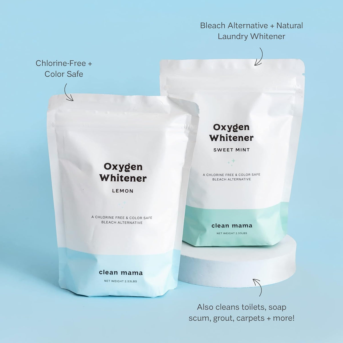 Clean Mama Natural Oxygen Whitener and Stain Remover - Color-Safe Natural Bleach Alternative - Plant-Derived Oxygen Powder, Whitens & Brightens Whites and Colors - Lemon, 2.53 lbs