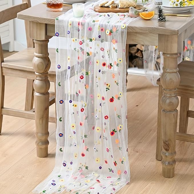 Artoid Mode Milky White Wildflower Floral Gauze Embroidery Table Runner 120 Inch 10FT, Tulle Seasonal Spring Kitchen Dining Table Decor for Home Party