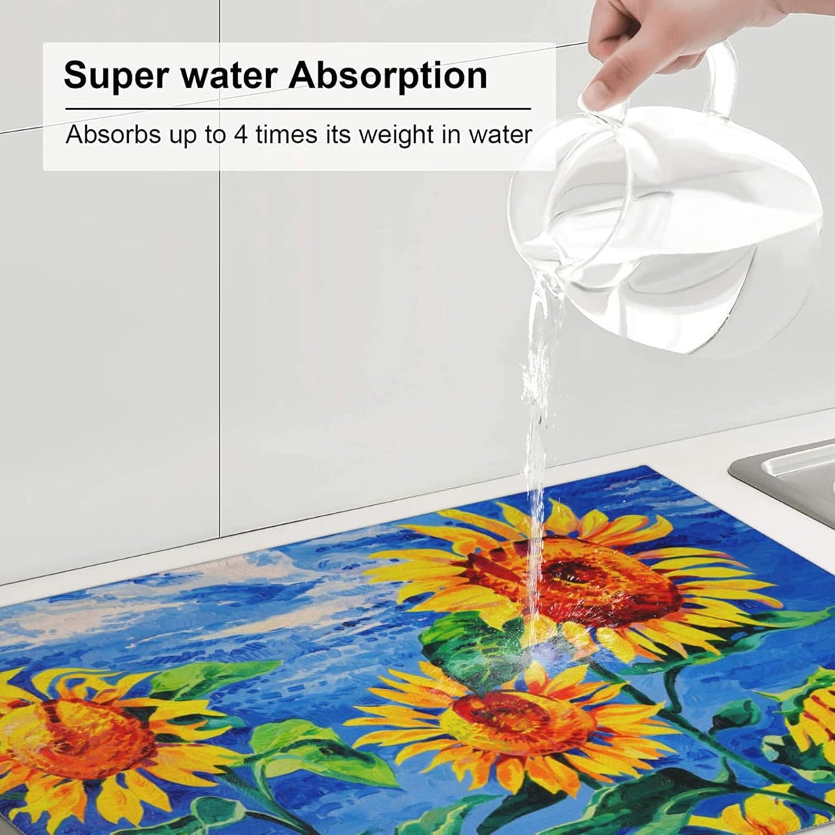 Sunflowers Large Dish Drying Mats For Kitchen Counter, Watercolor Yellow Flower Microfiber Kitchen Drying Mat Draining Pad Absorbent Dish Mat 18"x24"
