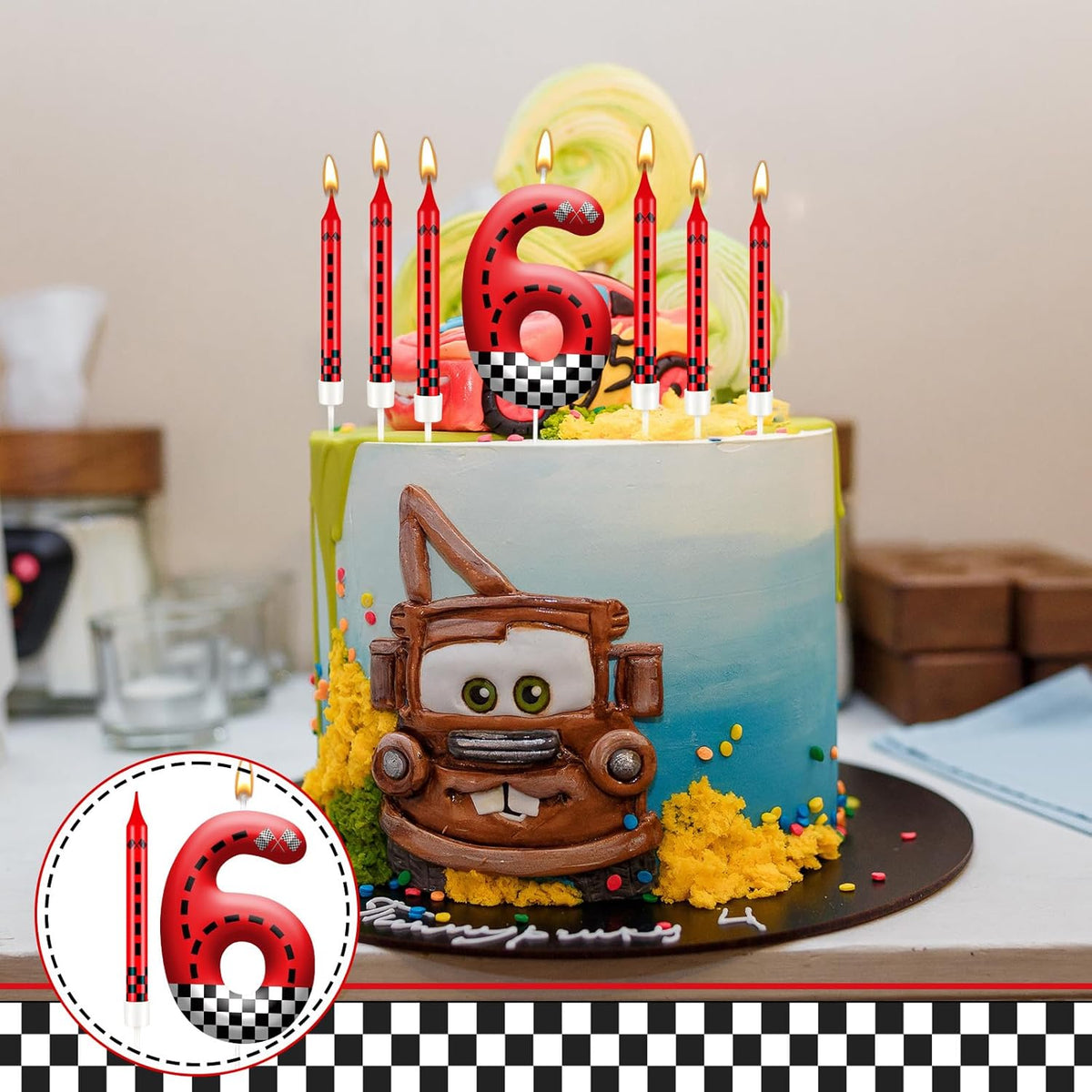 13PCS Racing Car Theme Birthday Candle Set with Checkered Flag Design - Durable Cake Topper for Race Car Party Decorations, Kids Birthday Supplies - Number 6 Candle for Racing-Themed Celebrations