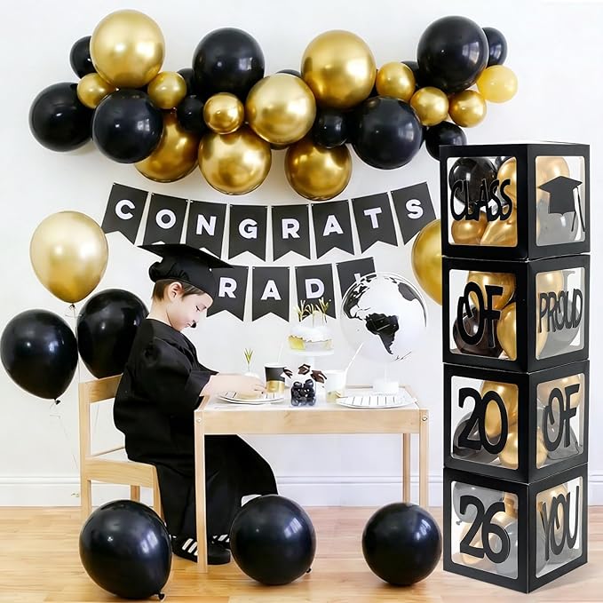 Graduation Decorations 2026,4 Pcs Transparent Balloon Boxes with Letters of GRAD,PROUD OF YOU,Class of 2026 and 130pcs Black and Gold Balloons Arch Kit for High School College 2026 Grad Party Supplies