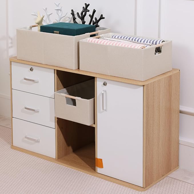 ANMINY 2PCS Storage Baskets for Organizing Collapsible Fabric Storage Bins Boxes with Wood Handles Closet Shelves Cube Organizer Bins Clothes Laundry Storage Container - Medium, Beige