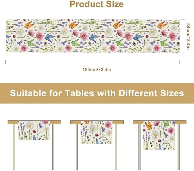 Flower Floral Table Runner, Butterfly Wildflowers Daisy Spring Summer Rustic Table Runner for Farmhouse Holiday Kitchen Dining Outdoor Home Party 13x36in