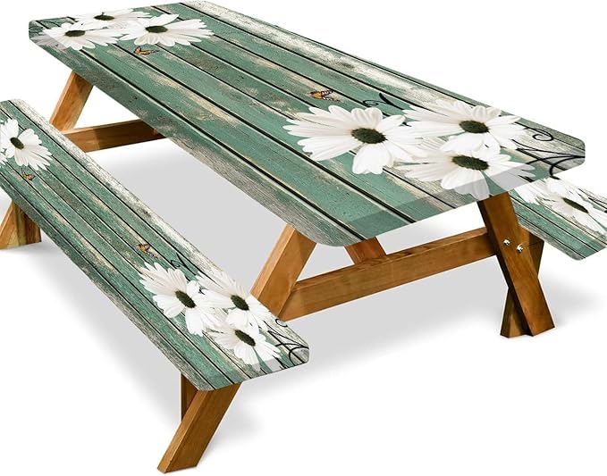 Picnic Table Cover with Bench Covers Daisy Flowers Wooden Floral Waterproof Windproof Fitted Outdoor Tablecloth with Elastic Rectangle Table Cloth Camping Accessories,60x30 Inch