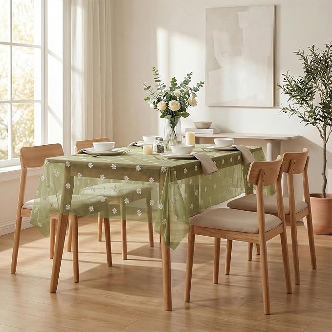 Horaldaily Sage Green Embroidery Daisy Spring Summer Gauze Tablecloth 60×104 Inch Rectangular, Seasonal Tulle Table Cover, Garden Party Decorations for Wedding, Party, Holiday Dining