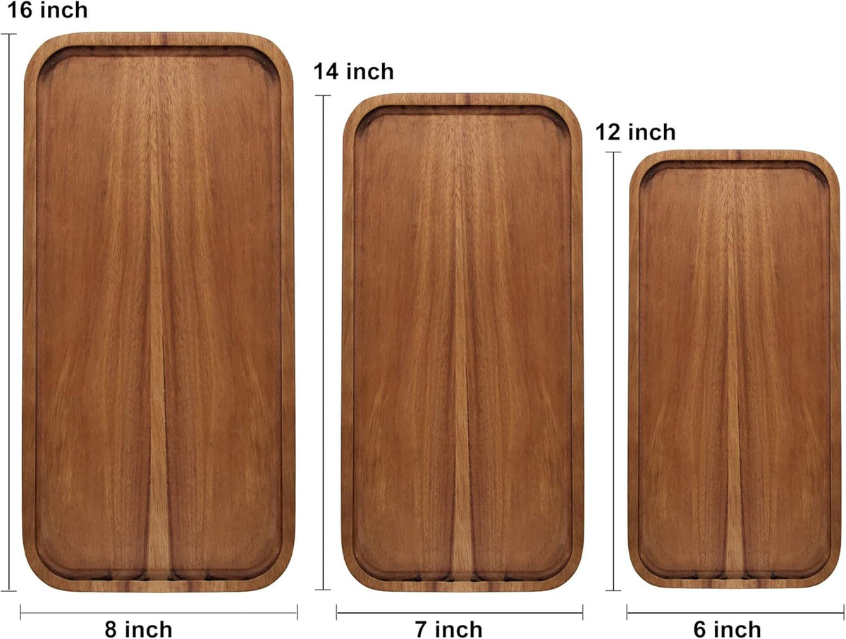 2 Pcs Rectangular Serving Platters for Food Dish Party Wooden Charcuterie Boards 14" x 7" Acacia Wood Trays for Kitchen Counter Decor Rectangle