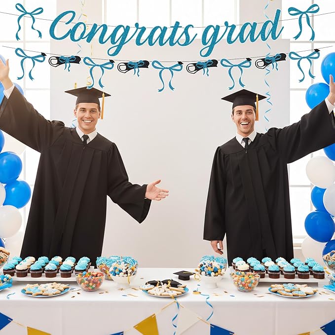 Blue Graduation Decorations 2026-2PCS Blue Bow Congrats Grad Banners Party Decor, Bowknot Graduation Party Supplies for Primary Middle High School University College (No-DIY)