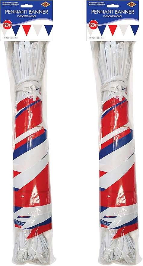 Beistle 2 Piece Indoor Outdoor Plastic Patriotic Pennant Banner 4th of July, Decorations Labor Day, USA Party Supplies
