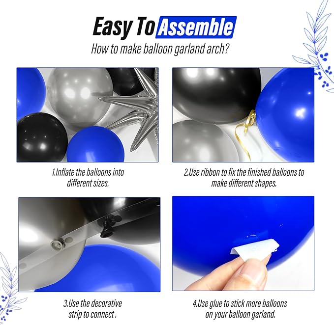 FOTIOMRG Royal Blue and Black Balloon Garland Arch Kit with 3pcs Star Balloon, Navy Blue Balloons Metallic Sliver Black Balloons for 30th 40th 50th Birthday Graduation New Years Party Decorations