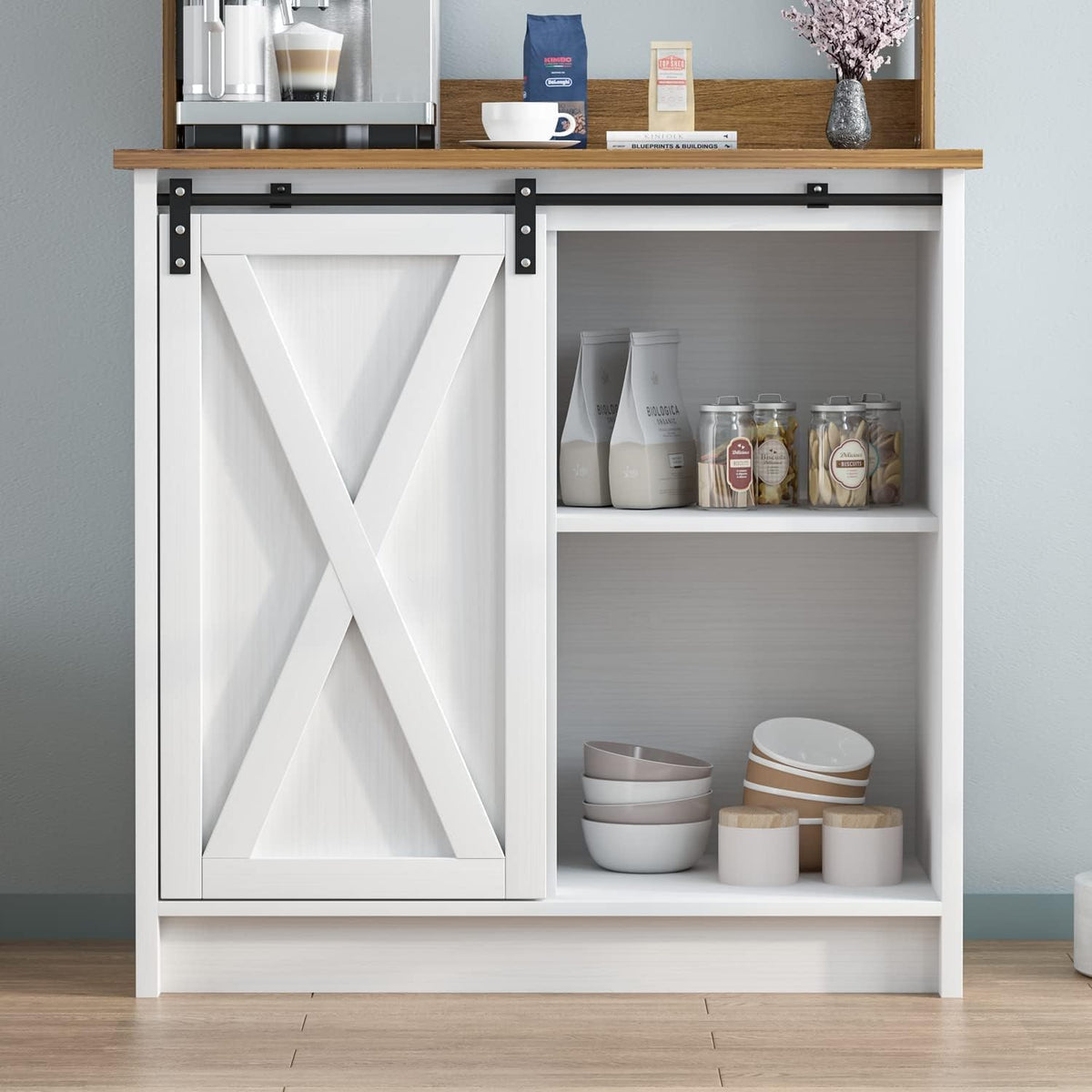 Farmhouse Coffee Bar with Hutch, White Coffee Bar Cabinet with Storage Sliding Barn Door, 31 Inch Buffet Cabinet with 6 Hooks