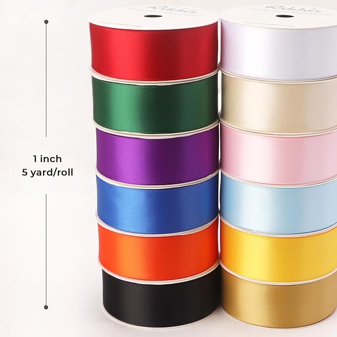 Ribbli Rainbow Satin Ribbon 1 Inch x 12 Rolls Total 60 Yards- Colorful Ribbon for Gift Wrapping Craft Party Decoration Baby Shower Wedding