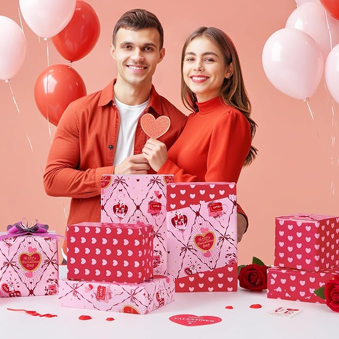 WERNNSAI Valentines Wrapping Paper Roll - 1 Roll 17’’ x 33ft Valentines Day Wrapping Paper Pink Red Heart Gift Packing Decorations for Men Women with Cutting Line Bridal Shower Wedding Supplies