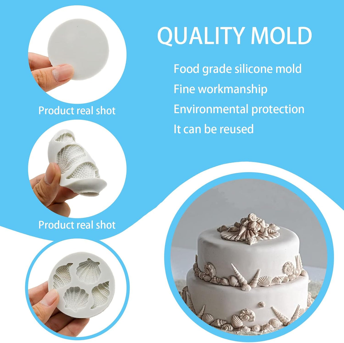 Memovan Marine Theme Fondant Molds 4pcs Seashell Conch Starfish Silicone Baking Mold for Under the Sea Ocean Marine Cake Cupcake Decoration Chocolate