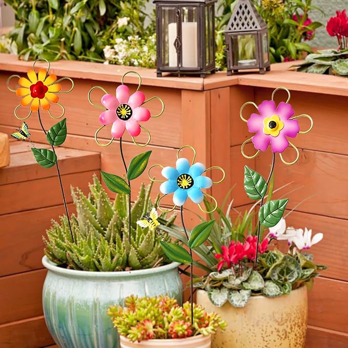 Metal Flowers for Outside, 15.85" 4-Pack Decorative Garden Stakes for Spring Garden Decor, Shaking Head Yard Art Decorations for Patio Porch Lawn Ornaments