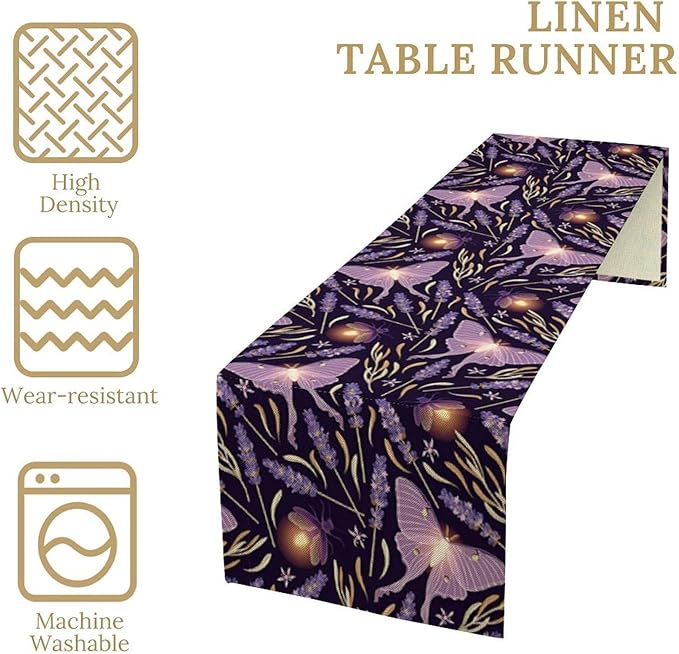 Purple Moth Table Runner,Retro Butterfly Flower Print Table Runner for Wedding Holiday Indoor Outdoor Party Home Decor 13x90in