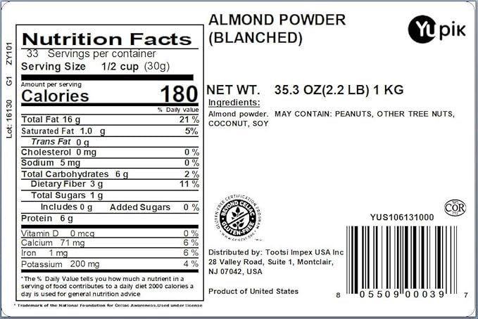 Yupik Blanched Almond Flour 2.2 lb (35.2 oz), Gluten-Free, Vegan, Kosher, GMO-Free, Finely Whole Ground Nutty Almond Meal, No Added Oil, Fat, Salt, or Sugar, Perfect for Baking & Cooking