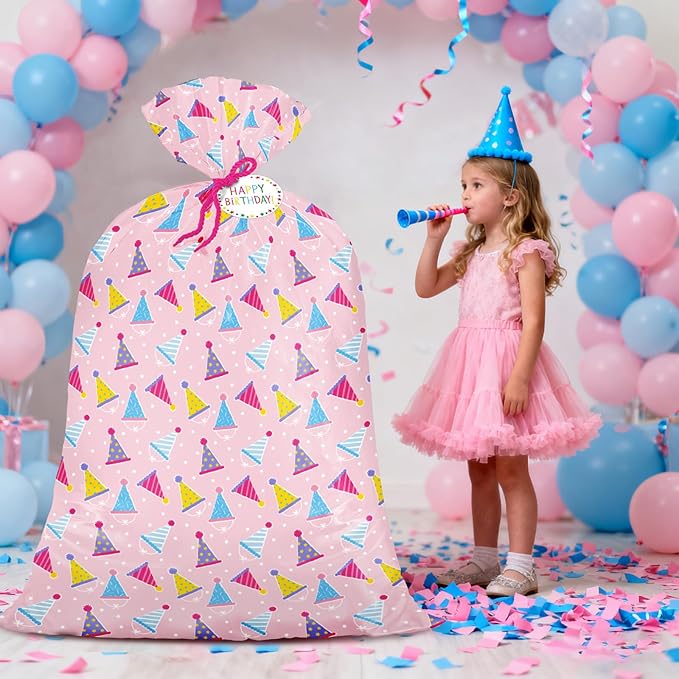 WRAPAHOLIC 56" Extra Large Birthday Plastic Gift Bag - Pink Party Hat Jumbo Bike Bag Gift Wrap for Women Girls Birthday, Baby Shower, Wedding, Bridal Shower - 56" H x 36" W
