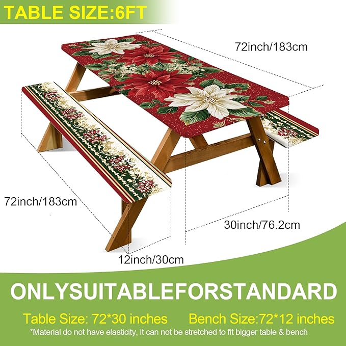 ANNA QUEEN 6FT Christmas Picnic Table Cover Set 3PCS 72"x30", Waterproof Outdoor Bench and Tablecloth Furniture Protection for Camping Beach BBQ Patio Backyard