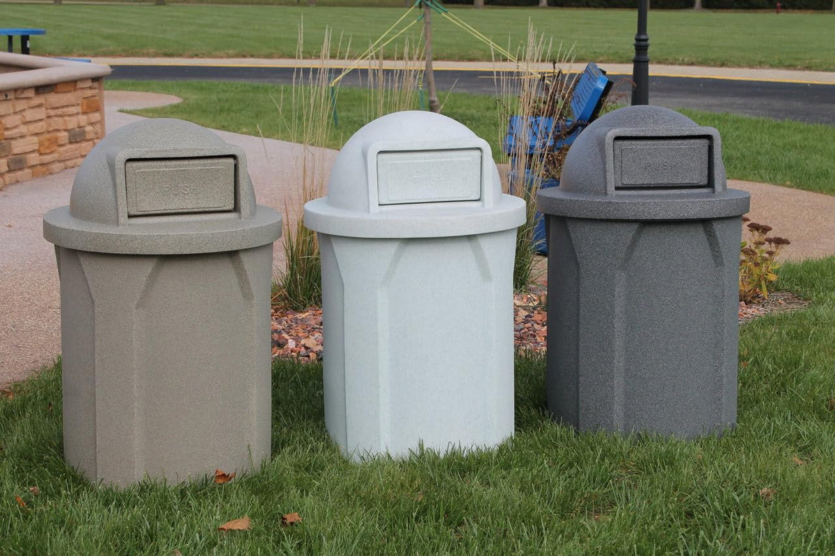 42 Gallon Circle 100% Recycled Plastic Heavy Duty Indoor or Outdoor Commercial Trash Can with Push Open Dome Lid and Internal Liner | Great for Schools and Businesses - Beige Granite