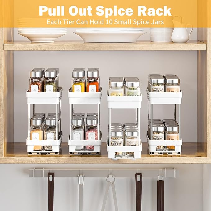 Pull Out Spice Rack Organizer for Cabinet, 3 Packs Slide Out Spice Racks Organizer, Spice Cabinet Organizers, Cabinet Size Need:12'' Highx11'' Deepx5'' Wide,Each Tier Hold 10 Spice Jar - 2 Tier, White