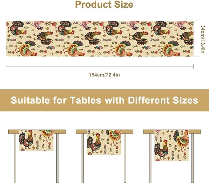 Rustic Farm Animal Table Runner, Vintage Rooster Boho Flowers Table Runner for Kitchen Dining Holiday Home Party 13x70in