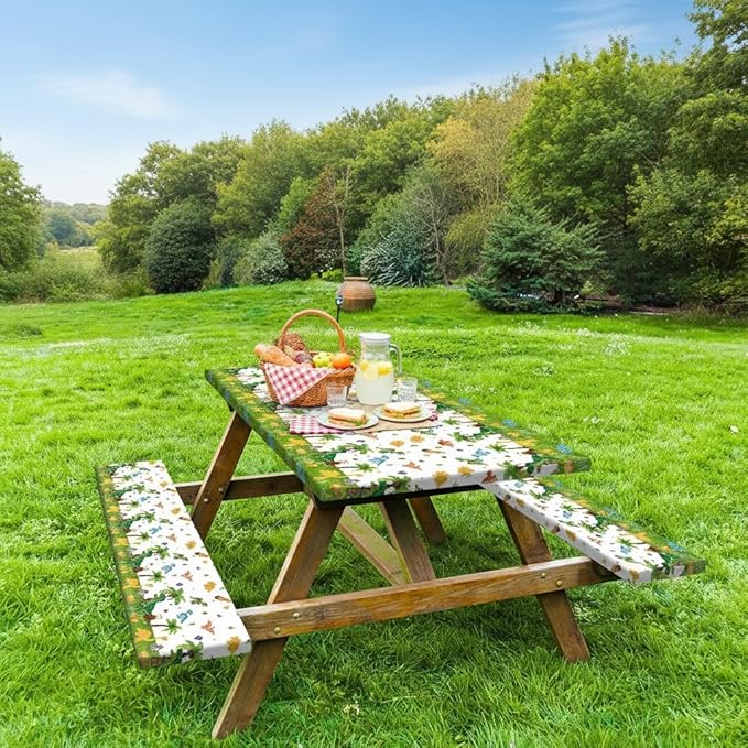 Dinosaur Picnic Table Covers with Bench Covers, Jungle Dino Print Tablecloth, Outdoor Table Cover Set, Patio Camping Picnic Table Protector, 72x30 Inch