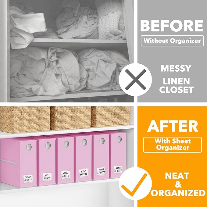 SpaceAid 6 Pack Bed Sheet Organizers and Storage, Foldable Sheet Organizer with Window for Linen Closet, Set Folder Keeper for Queen & King Size Bedding Storage (Pink)