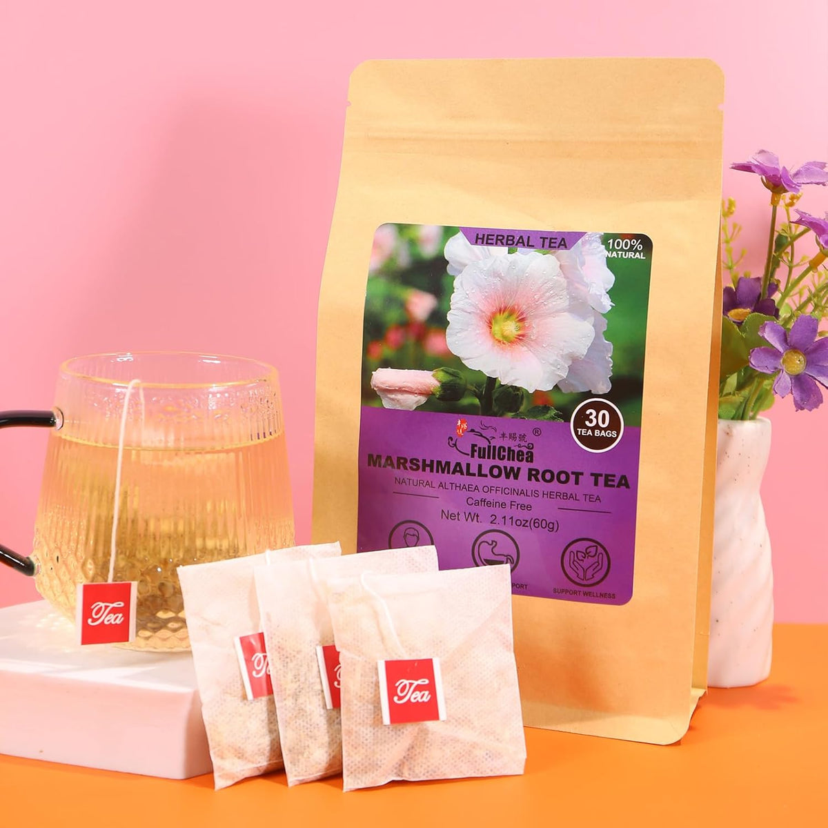 FullChea - Marshmallow Root Tea, 2g X 30 Count - Premium Natural Dried Cut & Sifted Althaea Officinalis - Non-GMO - Caffeine-free