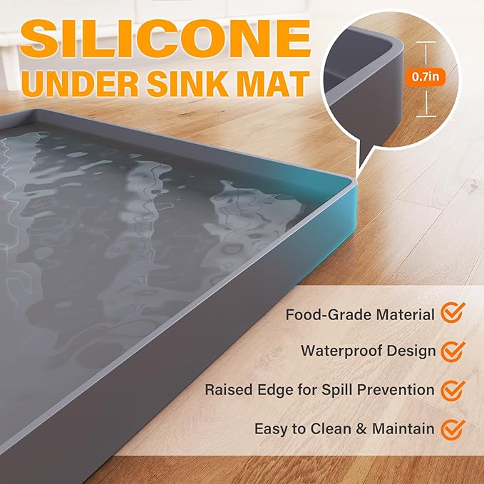 FLATO Waterproof Under Sink Mat 40" x 19" Shelf Liner for Kitchen and Bathroom, Cabinet Protector, Organizers and Storage, Flexible Silicone Drip Tray
