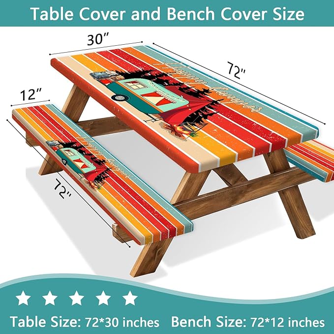 JAWO 96in Picnic Table Cover with Bench Covers, Camping Essentials Water Resistant Windproof Picnic Table Cloth,Fitted Tablecloth Cover with Elastic Edge for Indoor Outdoor, Camper Fitted Table Cover